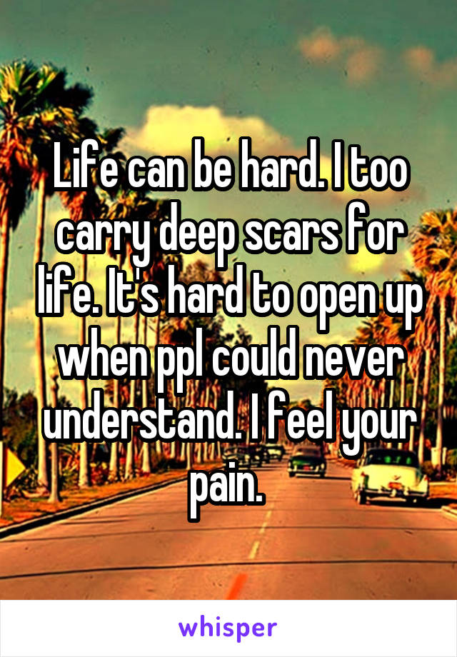 Life can be hard. I too carry deep scars for life. It's hard to open up when ppl could never understand. I feel your pain. 