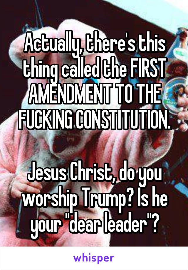 Actually, there's this thing called the FIRST AMENDMENT TO THE FUCKING CONSTITUTION.

Jesus Christ, do you worship Trump? Is he your "dear leader"?