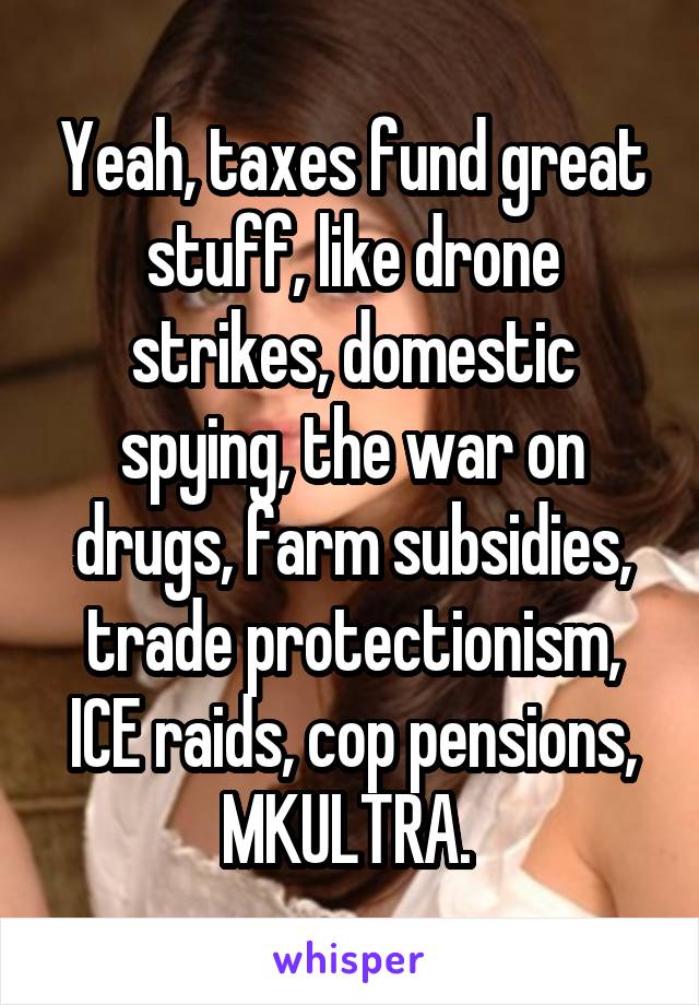 Yeah, taxes fund great stuff, like drone strikes, domestic spying, the war on drugs, farm subsidies, trade protectionism, ICE raids, cop pensions, MKULTRA. 