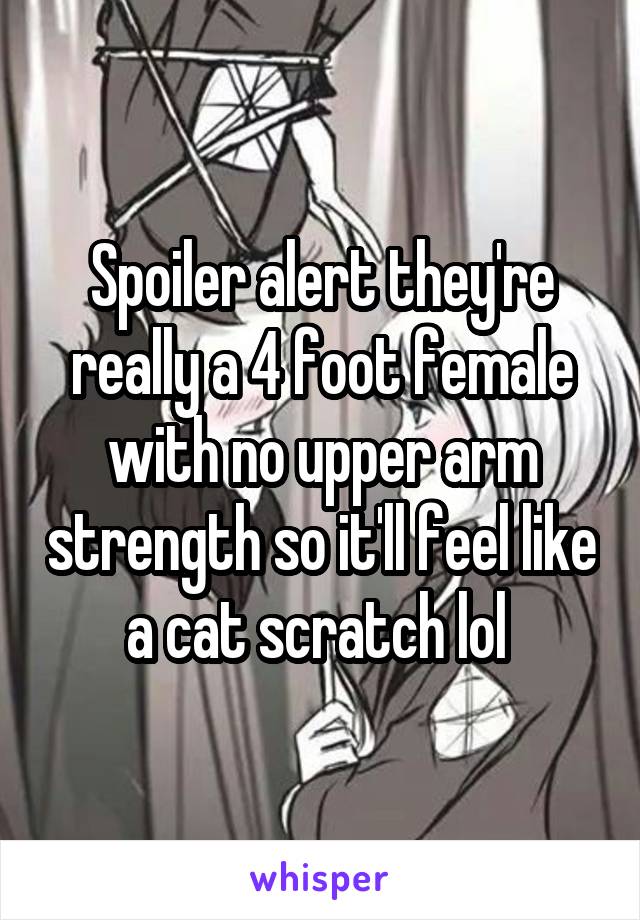 Spoiler alert they're really a 4 foot female with no upper arm strength so it'll feel like a cat scratch lol 