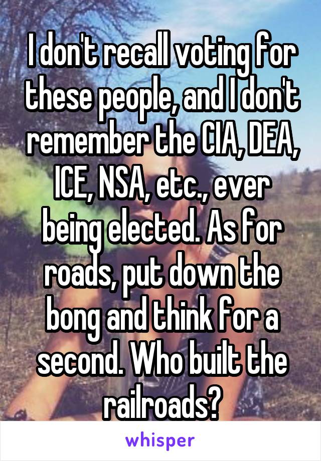 I don't recall voting for these people, and I don't remember the CIA, DEA, ICE, NSA, etc., ever being elected. As for roads, put down the bong and think for a second. Who built the railroads?
