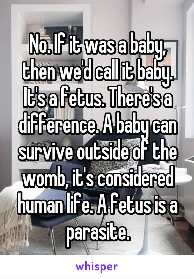 No. If it was a baby, then we'd call it baby. It's a fetus. There's a difference. A baby can survive outside of the womb, it's considered human life. A fetus is a parasite.