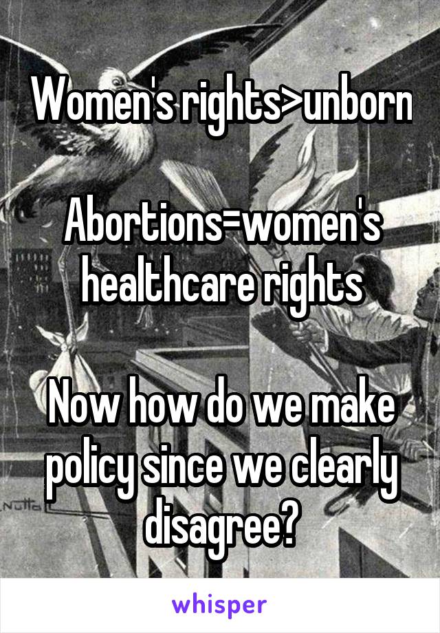 Women's rights>unborn

Abortions=women's healthcare rights

Now how do we make policy since we clearly disagree?