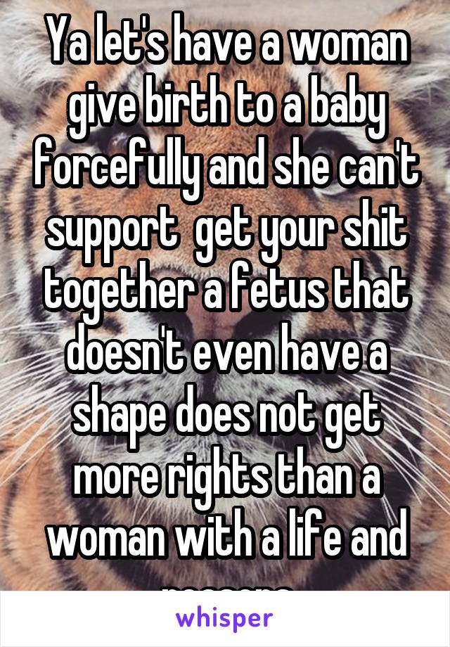 Ya let's have a woman give birth to a baby forcefully and she can't support  get your shit together a fetus that doesn't even have a shape does not get more rights than a woman with a life and reasons