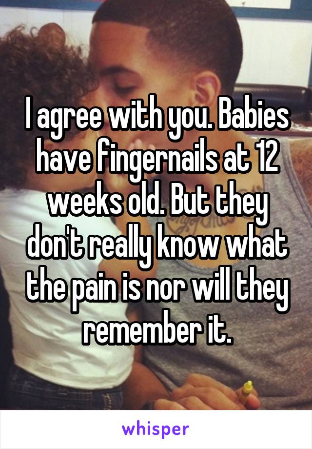 I agree with you. Babies have fingernails at 12 weeks old. But they don't really know what the pain is nor will they remember it.