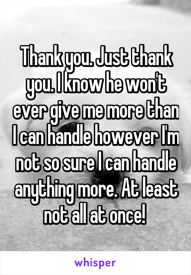 Thank you. Just thank you. I know he won't ever give me more than I can handle however I'm not so sure I can handle anything more. At least not all at once! 