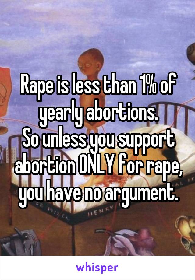 Rape is less than 1% of yearly abortions.
So unless you support abortion ONLY for rape, you have no argument.