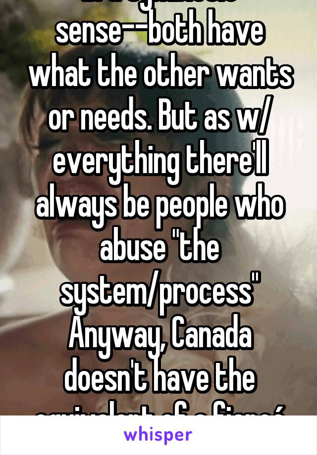 In a symbiotic sense--both have what the other wants or needs. But as w/ everything there'll always be people who abuse "the system/process"
Anyway, Canada doesn't have the equivalent of a fiancé visa