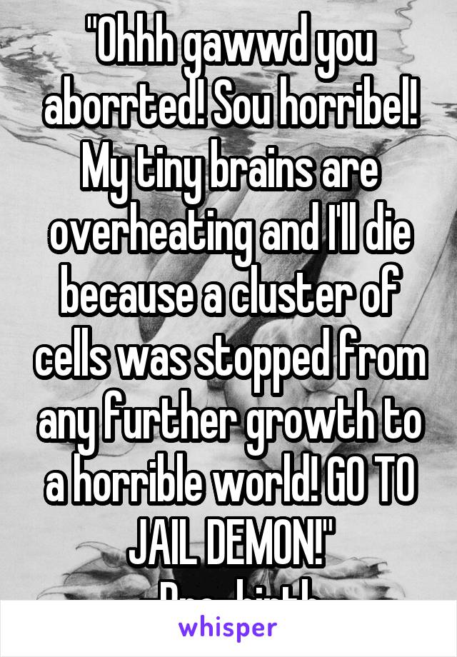 "Ohhh gawwd you aborrted! Sou horribel! My tiny brains are overheating and I'll die because a cluster of cells was stopped from any further growth to a horrible world! GO TO JAIL DEMON!"
-Pro-birth