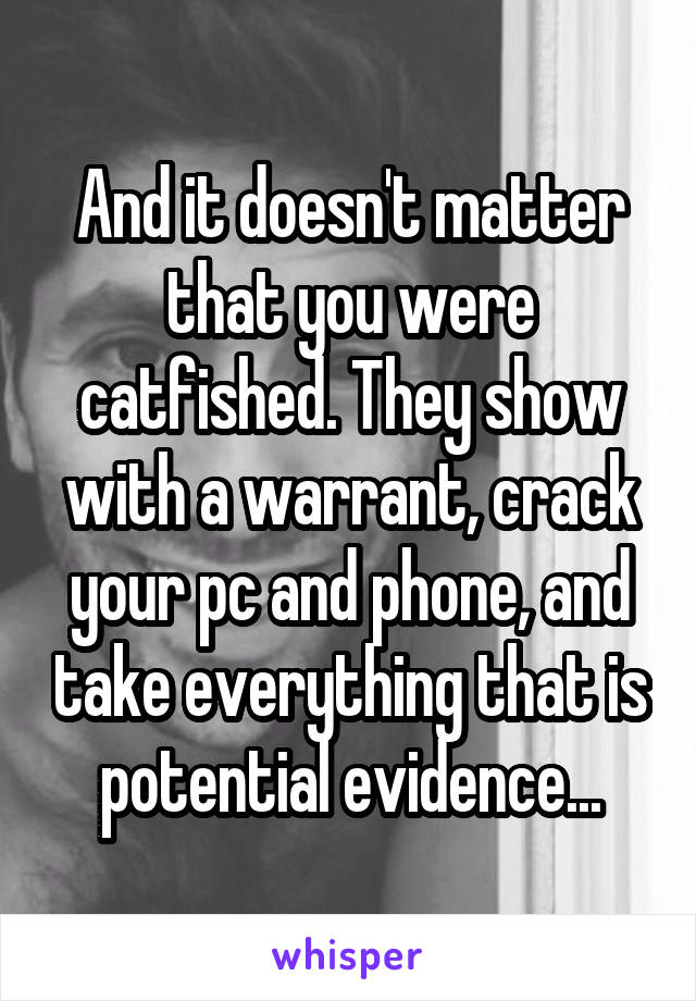 And it doesn't matter that you were catfished. They show with a warrant, crack your pc and phone, and take everything that is potential evidence...