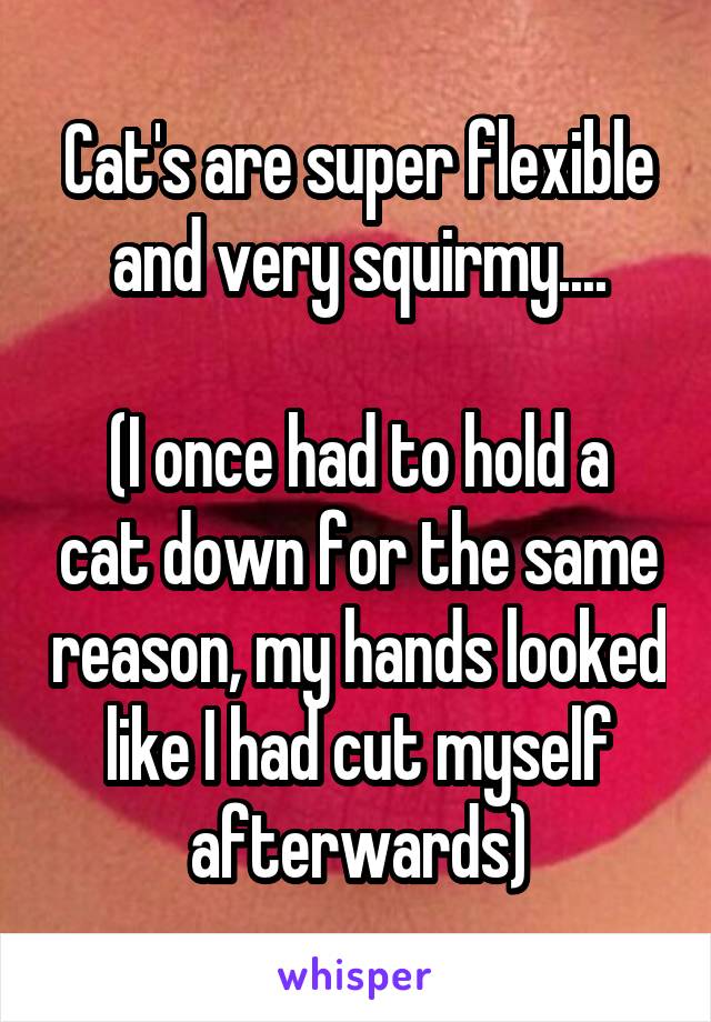 Cat's are super flexible and very squirmy....

(I once had to hold a cat down for the same reason, my hands looked like I had cut myself afterwards)