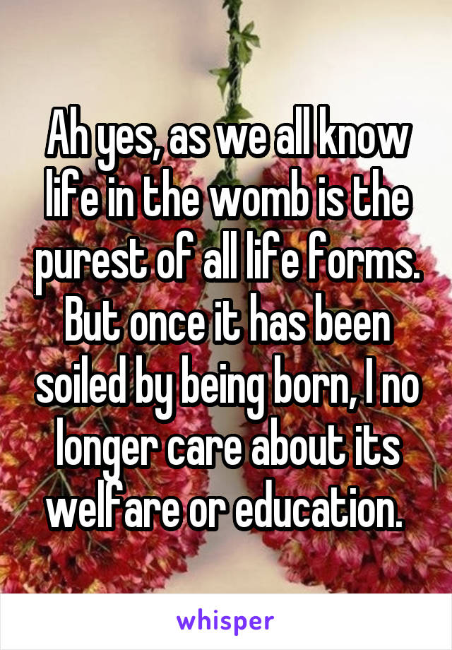 Ah yes, as we all know life in the womb is the purest of all life forms. But once it has been soiled by being born, I no longer care about its welfare or education. 