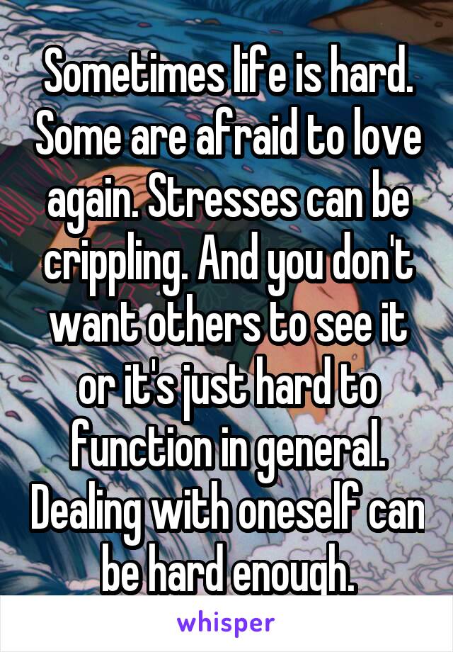 Sometimes life is hard. Some are afraid to love again. Stresses can be crippling. And you don't want others to see it or it's just hard to function in general. Dealing with oneself can be hard enough.