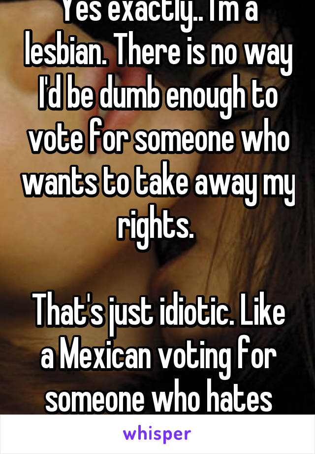 Yes exactly.. I'm a lesbian. There is no way I'd be dumb enough to vote for someone who wants to take away my rights. 

That's just idiotic. Like a Mexican voting for someone who hates Mexicans 