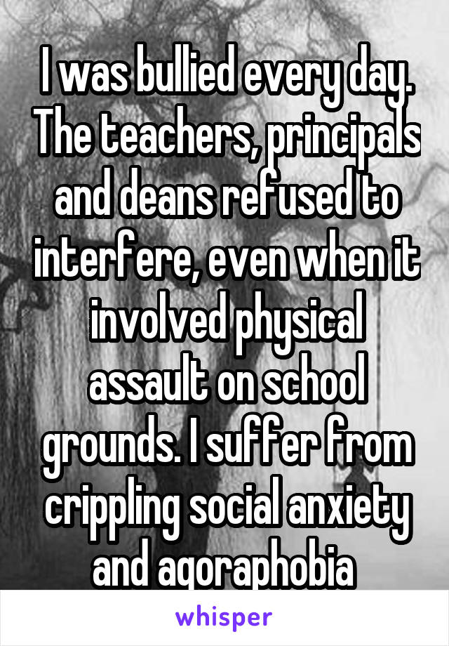 I was bullied every day. The teachers, principals and deans refused to interfere, even when it involved physical assault on school grounds. I suffer from crippling social anxiety and agoraphobia 