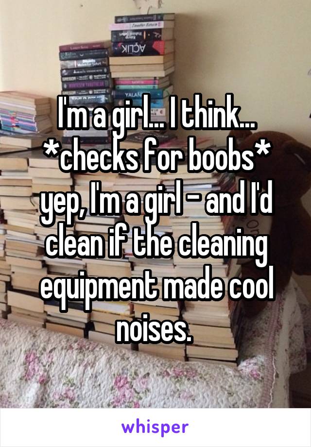 I'm a girl... I think... *checks for boobs* yep, I'm a girl - and I'd clean if the cleaning equipment made cool noises. 