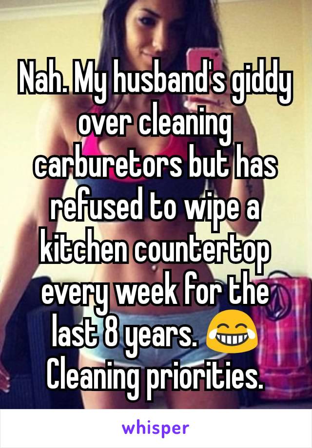 Nah. My husband's giddy over cleaning carburetors but has refused to wipe a kitchen countertop every week for the last 8 years. 😂 Cleaning priorities.