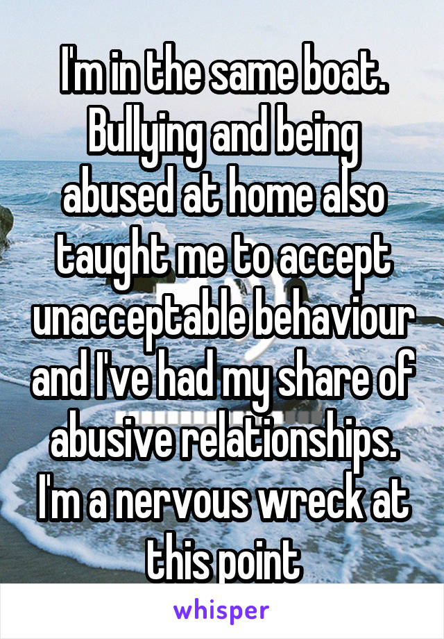 I'm in the same boat. Bullying and being abused at home also taught me to accept unacceptable behaviour and I've had my share of abusive relationships. I'm a nervous wreck at this point