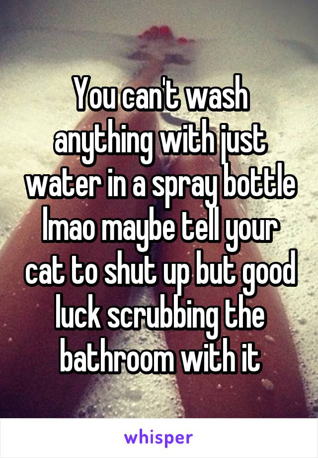 You can't wash anything with just water in a spray bottle lmao maybe tell your cat to shut up but good luck scrubbing the bathroom with it