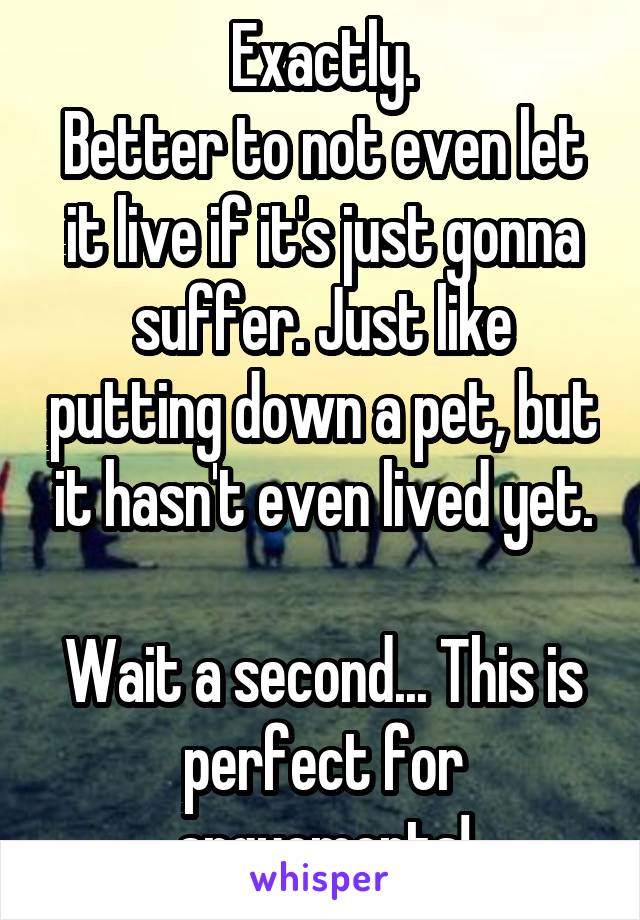 Exactly.
Better to not even let it live if it's just gonna suffer. Just like putting down a pet, but it hasn't even lived yet.

Wait a second... This is perfect for arguements!