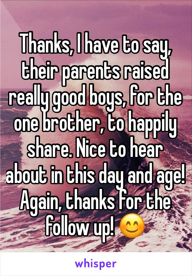 Thanks, I have to say, their parents raised really good boys, for the one brother, to happily share. Nice to hear about in this day and age!
Again, thanks for the follow up! 😊