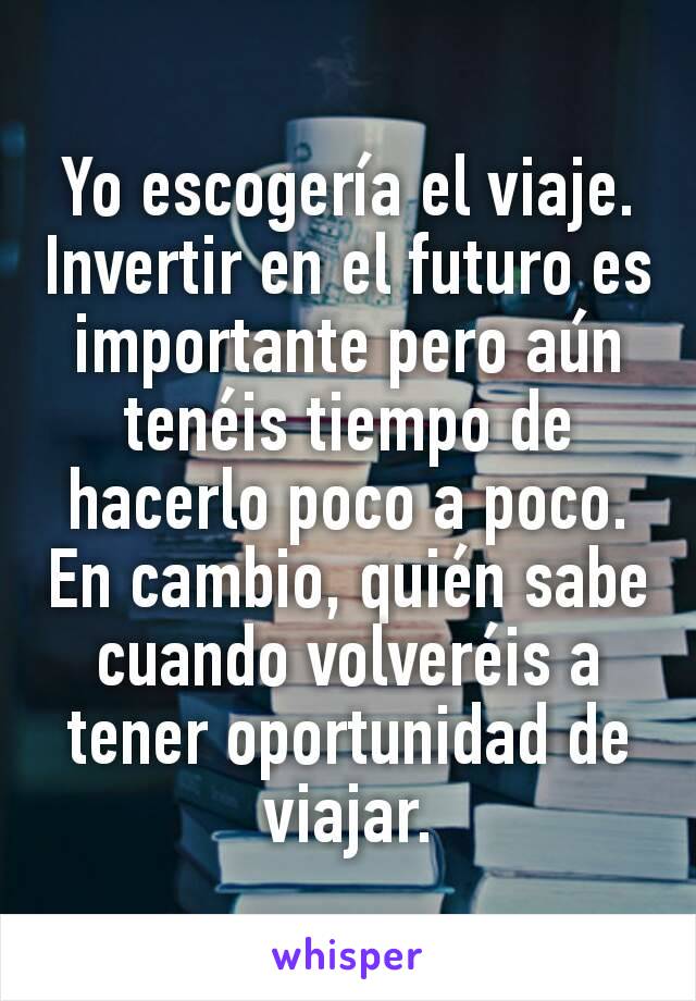 Yo escogería el viaje. Invertir en el futuro es importante pero aún tenéis tiempo de hacerlo poco a poco. En cambio, quién sabe cuando volveréis a tener oportunidad de viajar.