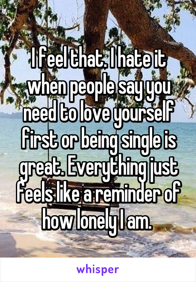 I feel that. I hate it when people say you need to love yourself first or being single is great. Everything just feels like a reminder of how lonely I am. 