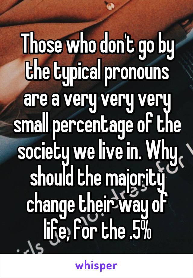Those who don't go by the typical pronouns are a very very very small percentage of the society we live in. Why should the majority change their way of life, for the .5%