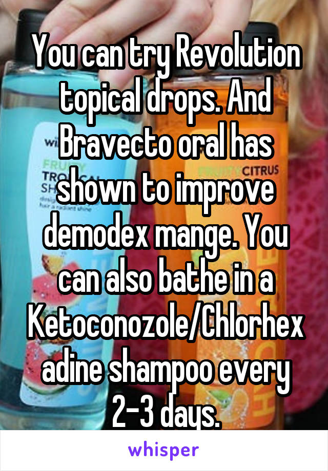 You can try Revolution topical drops. And Bravecto oral has shown to improve demodex mange. You can also bathe in a Ketoconozole/Chlorhexadine shampoo every 2-3 days.
