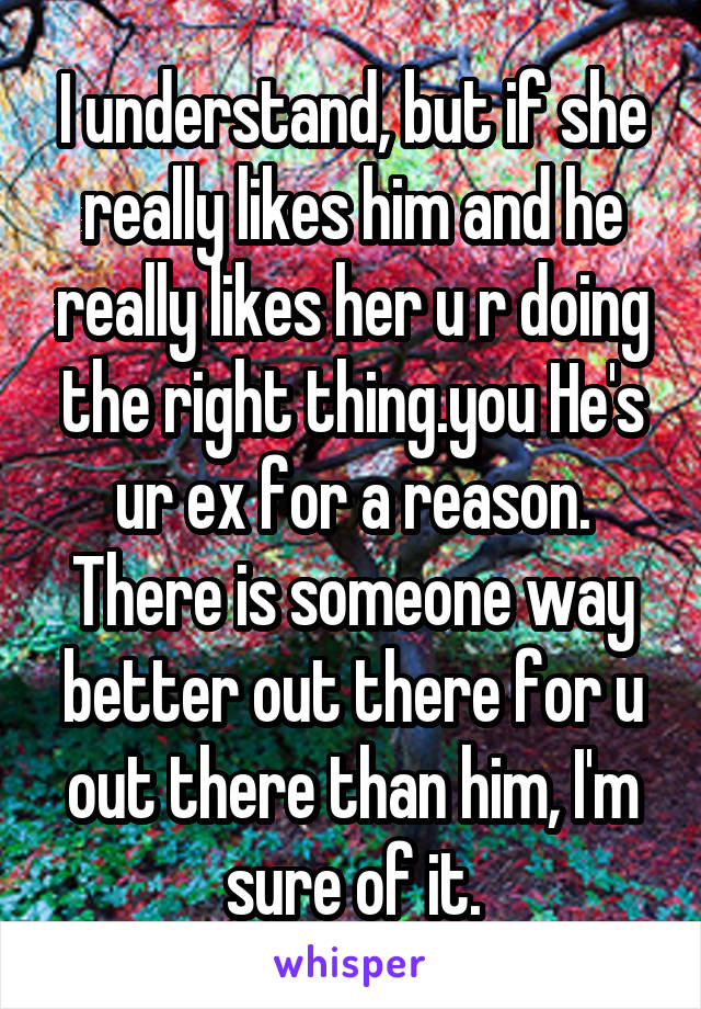 I understand, but if she really likes him and he really likes her u r doing the right thing.you He's ur ex for a reason. There is someone way better out there for u out there than him, I'm sure of it.