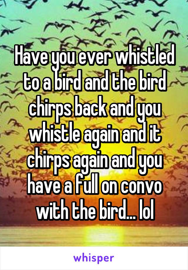 Have you ever whistled to a bird and the bird chirps back and you whistle again and it chirps again and you have a full on convo with the bird... lol