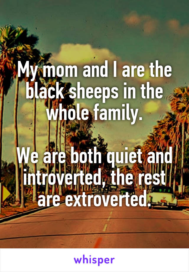 My mom and I are the black sheeps in the whole family.

We are both quiet and introverted, the rest are extroverted.