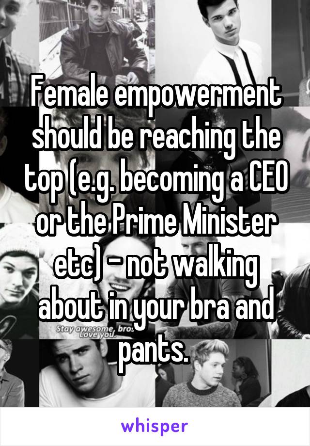 Female empowerment should be reaching the top (e.g. becoming a CEO or the Prime Minister etc) - not walking about in your bra and pants. 