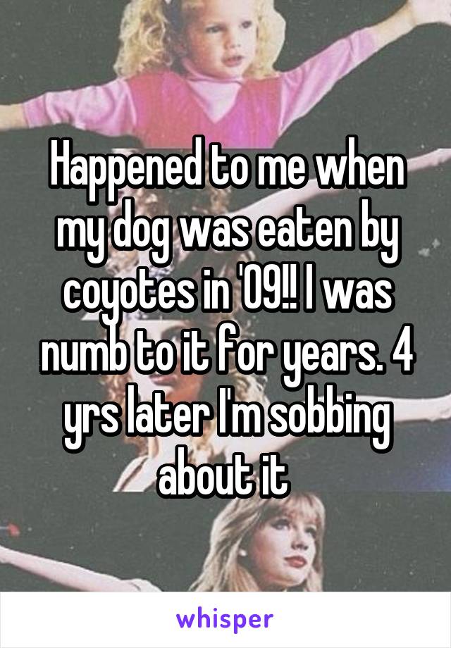 Happened to me when my dog was eaten by coyotes in '09!! I was numb to it for years. 4 yrs later I'm sobbing about it 