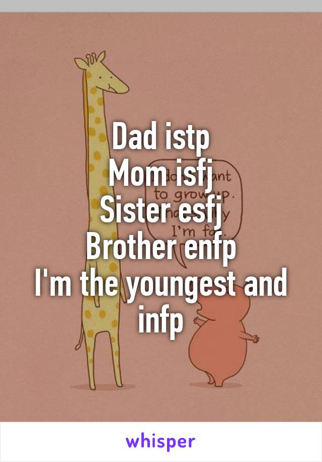 Dad istp
Mom isfj
Sister esfj
Brother enfp
I'm the youngest and infp