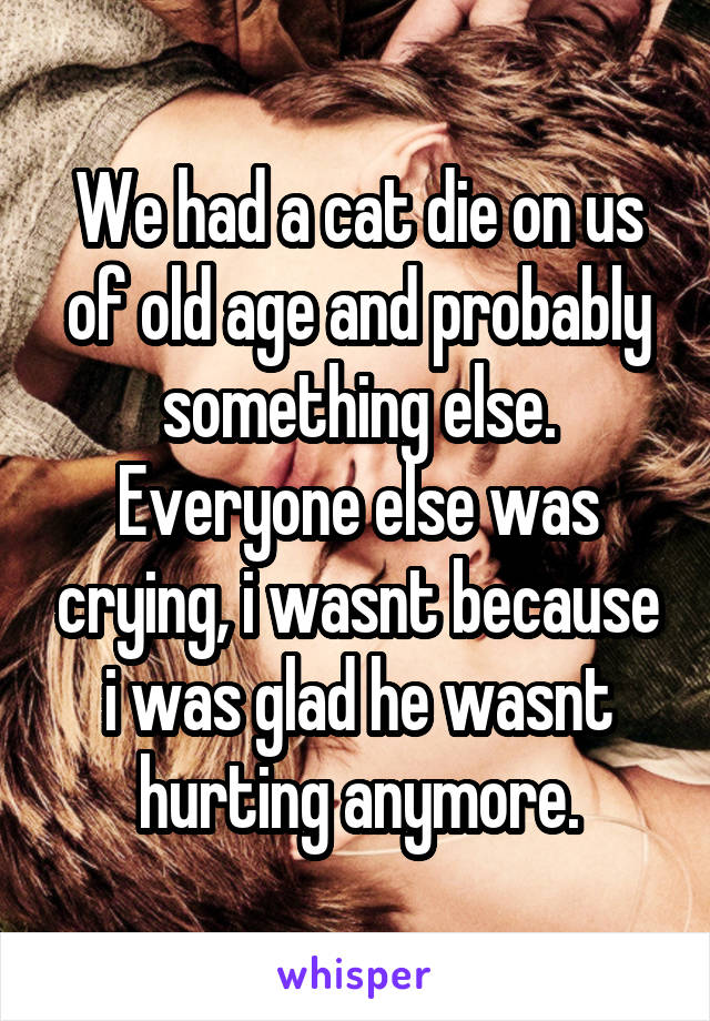 We had a cat die on us of old age and probably something else. Everyone else was crying, i wasnt because i was glad he wasnt hurting anymore.