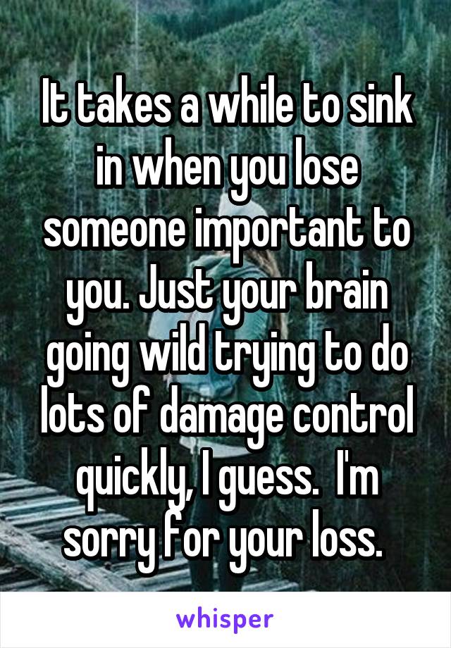 It takes a while to sink in when you lose someone important to you. Just your brain going wild trying to do lots of damage control quickly, I guess.  I'm sorry for your loss. 