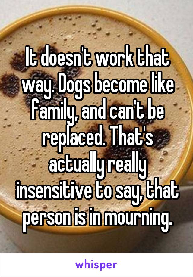 It doesn't work that way. Dogs become like family, and can't be replaced. That's actually really insensitive to say, that person is in mourning.