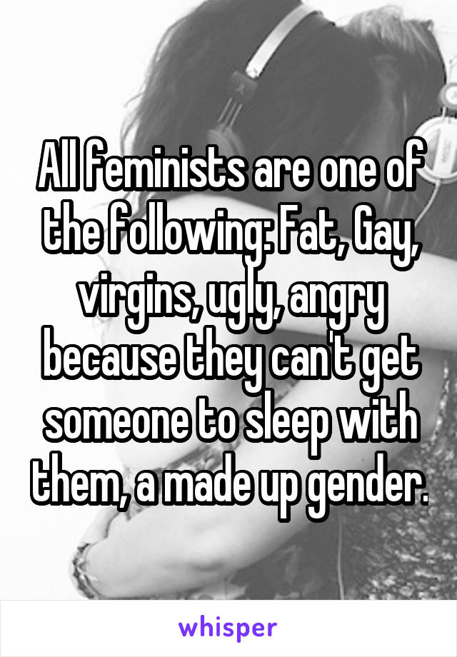 All feminists are one of the following: Fat, Gay, virgins, ugly, angry because they can't get someone to sleep with them, a made up gender.