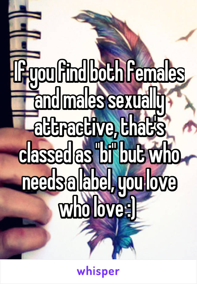 If you find both females and males sexually attractive, that's classed as "bi" but who needs a label, you love who love :) 