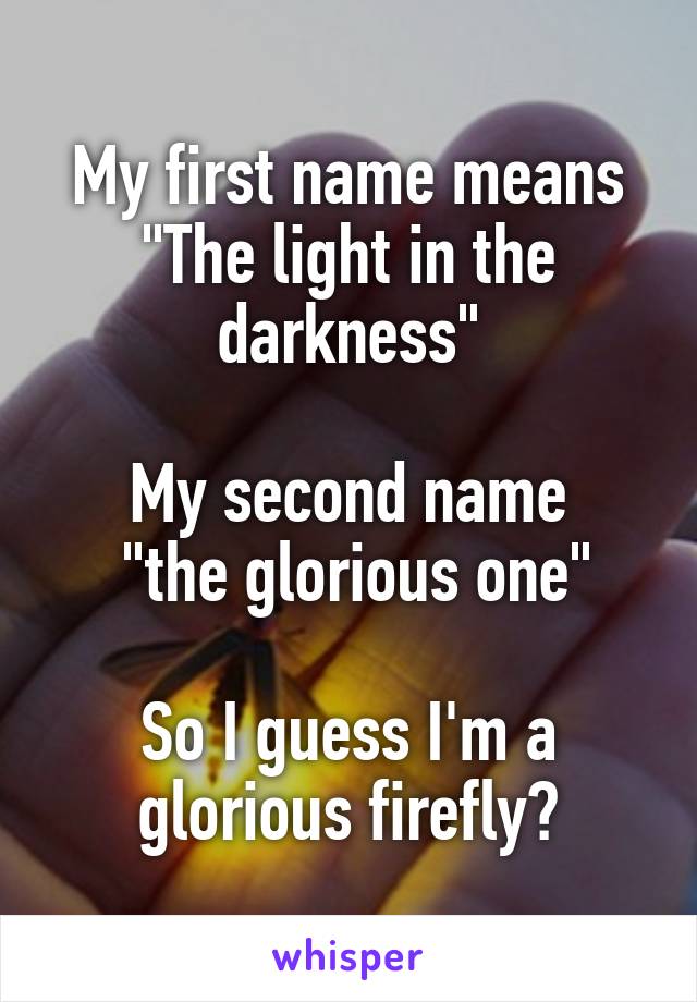 My first name means "The light in the darkness"

My second name
 "the glorious one"

So I guess I'm a glorious firefly?