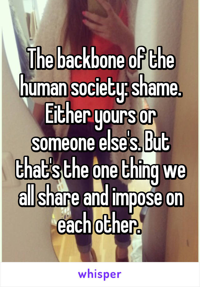 The backbone of the human society: shame. Either yours or someone else's. But that's the one thing we all share and impose on each other. 