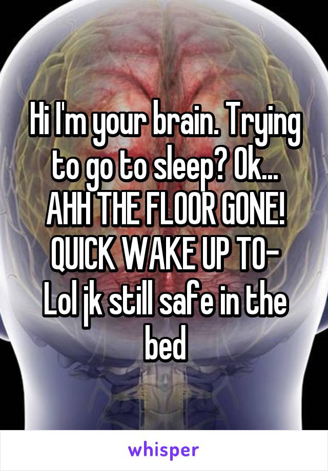 Hi I'm your brain. Trying to go to sleep? Ok...
AHH THE FLOOR GONE!
QUICK WAKE UP TO-
Lol jk still safe in the bed