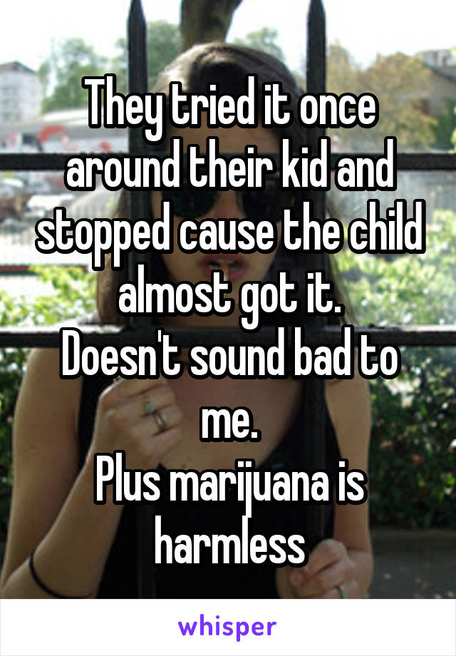 They tried it once around their kid and stopped cause the child almost got it.
Doesn't sound bad to me.
Plus marijuana is harmless