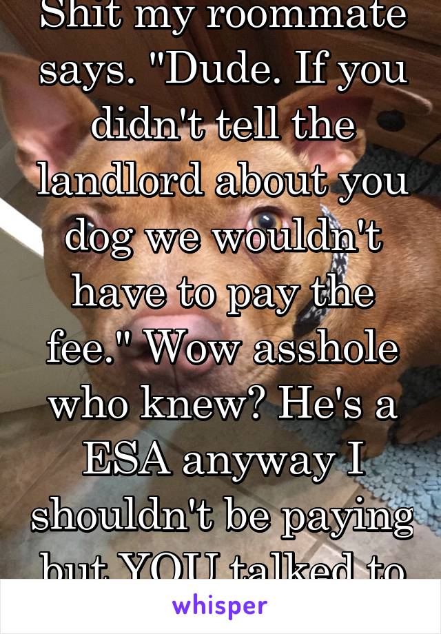 Shit my roommate says. "Dude. If you didn't tell the landlord about you dog we wouldn't have to pay the fee." Wow asshole who knew? He's a ESA anyway I shouldn't be paying but YOU talked to the guy. 