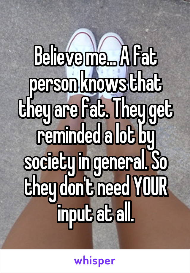 Believe me... A fat person knows that they are fat. They get reminded a lot by society in general. So they don't need YOUR input at all.