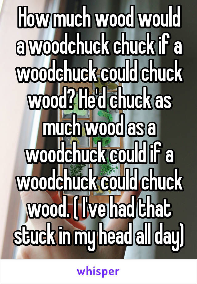 How much wood would a woodchuck chuck if a woodchuck could chuck wood? He'd chuck as much wood as a woodchuck could if a woodchuck could chuck wood. ( I've had that stuck in my head all day) 