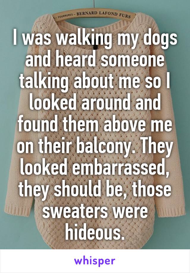 I was walking my dogs and heard someone talking about me so I looked around and found them above me on their balcony. They looked embarrassed, they should be, those sweaters were hideous.