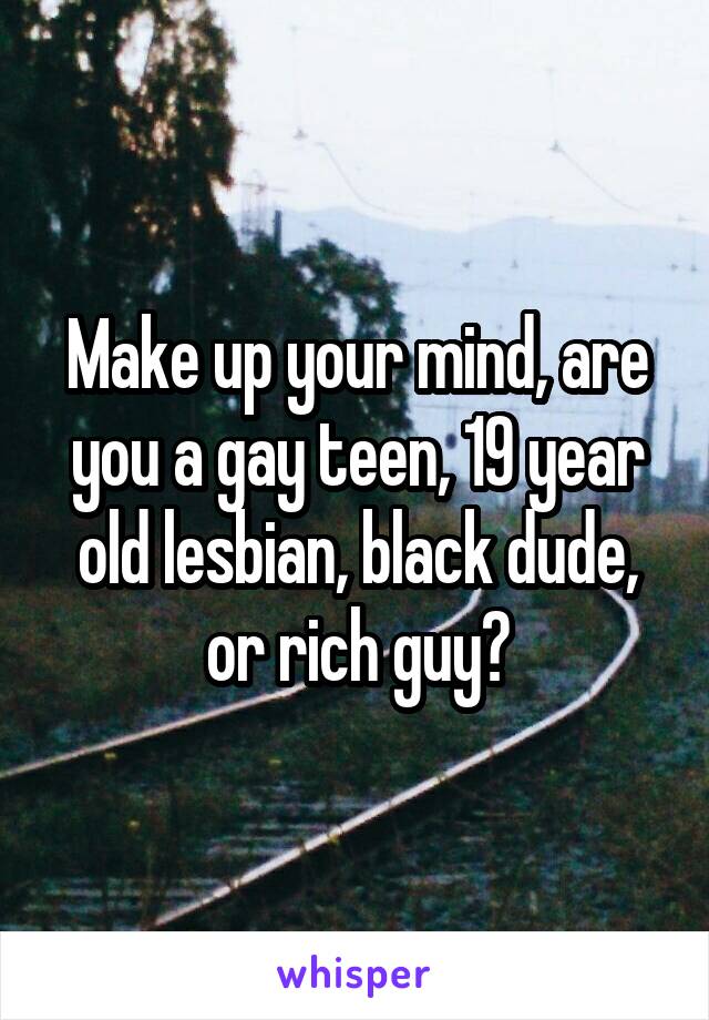 Make up your mind, are you a gay teen, 19 year old lesbian, black dude, or rich guy?