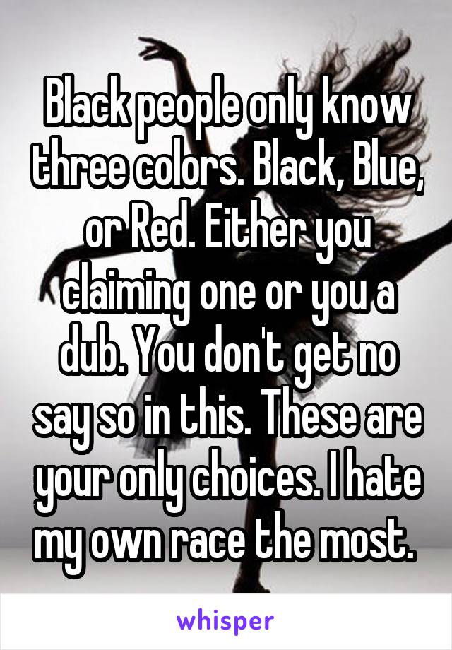 Black people only know three colors. Black, Blue, or Red. Either you claiming one or you a dub. You don't get no say so in this. These are your only choices. I hate my own race the most. 